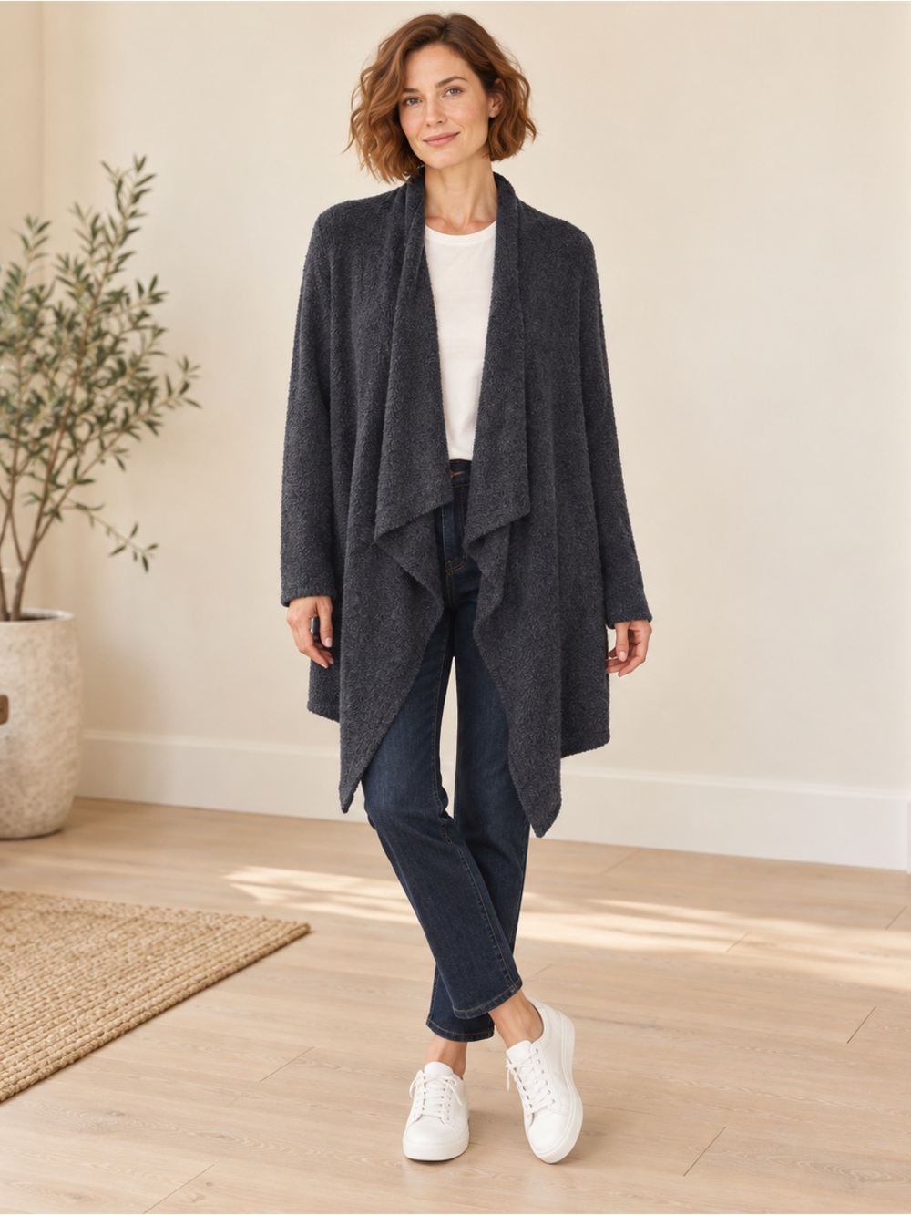 Cozy Draped Open-Front Women's Sweater Cardigan - Charcoal